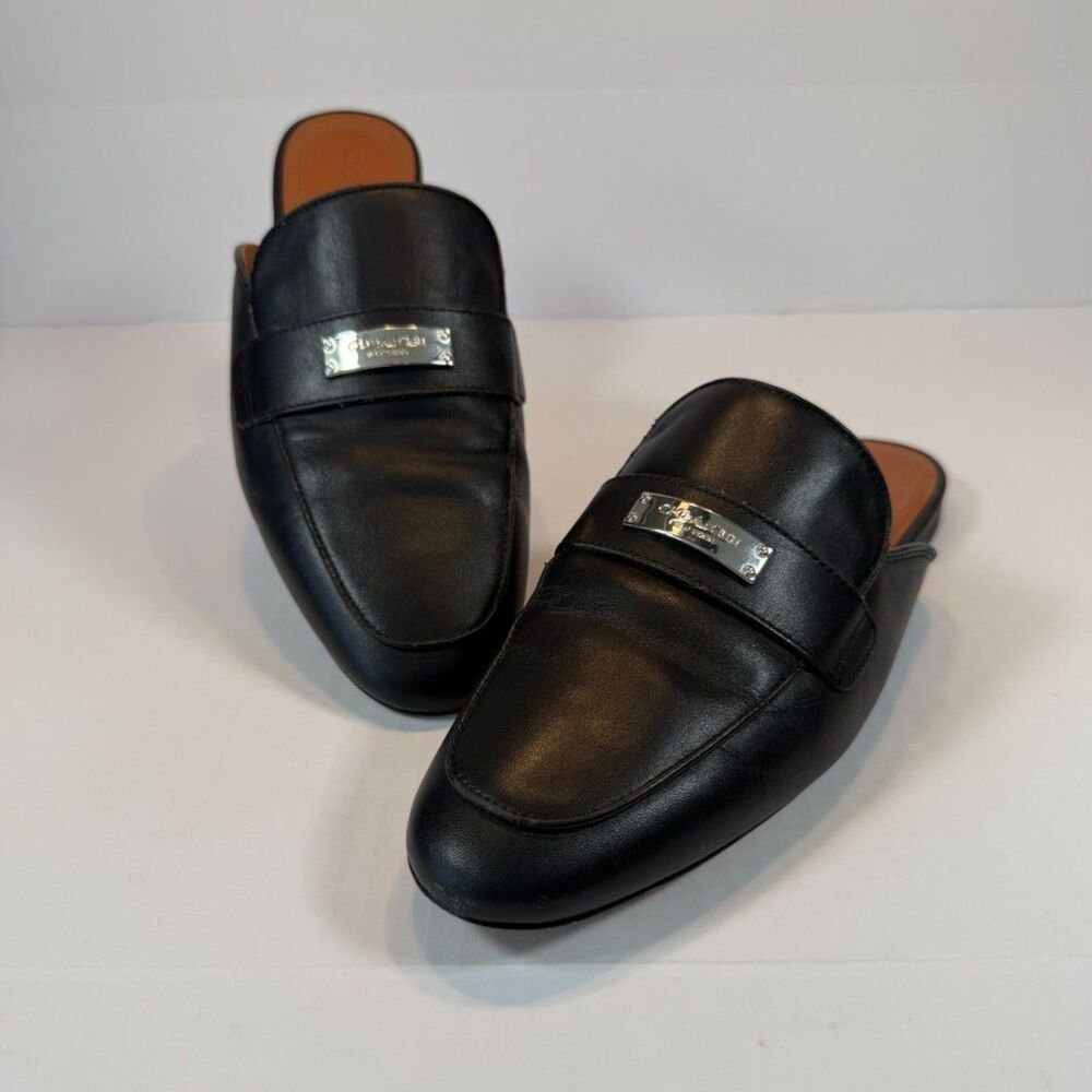 Coach Black Leather Backless Loafer Mules Women’s 11B Silver Logo Quiet Luxury